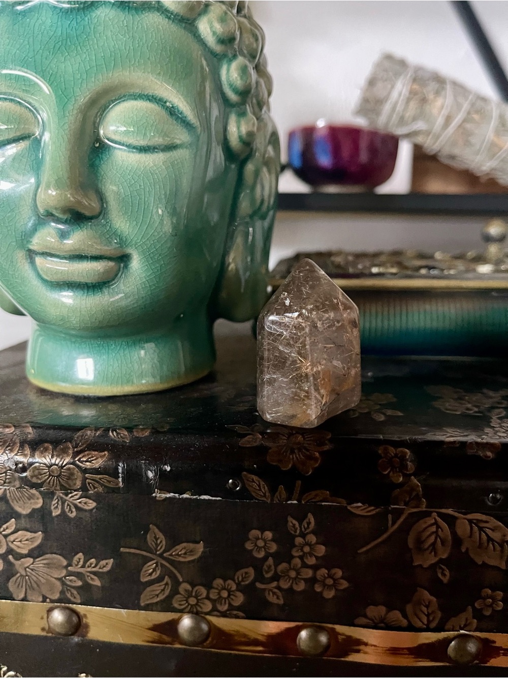 Smoky Quartz Tower with Golden Rutile Strands and Rainbow Inclusions